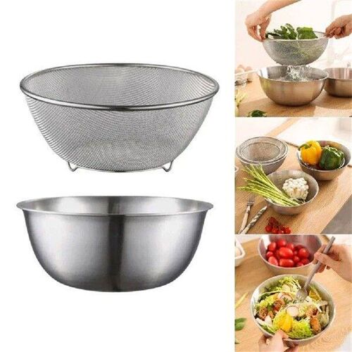 1pc Stainless Steel Mixing Bowls With Net Strainer Set Soup