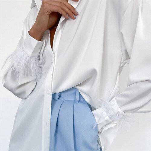Womens Feather Embellishment Long Sleeve Blouse Ladies