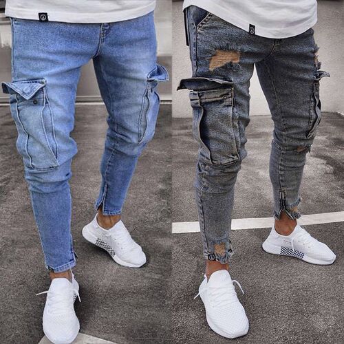 Hot Sale Sretch Mens Jeans rendy Knee Ripped Zipper Pants
