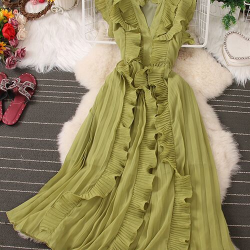 EWQ Elegant Ruffles Patchwork Short Sleeve Vestido Women