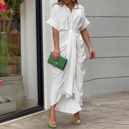 Fashion Chic Solid Shirt Dress  Elegant Lapel Short Sleeve