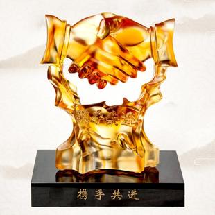琉璃握手摆件携手共进诚信合作公司办公室书房工艺品新中式摆件
