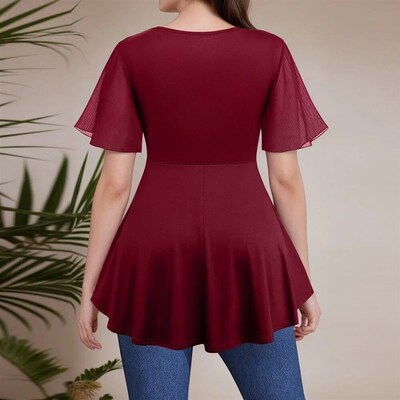 Women Plus Size Elegant Blouse Square Collar Pleated Double