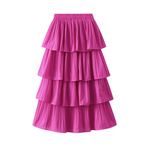 Summer Wooden Ear Stitching Pleated Big Swing Skirt Womens