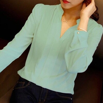 Spring Autumn White Blouses Office Shirts Women V-Neck Tops