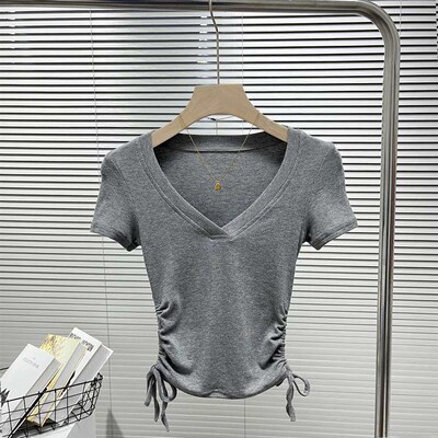 Summer babes V-neck fitness clothes, womens side drawstring