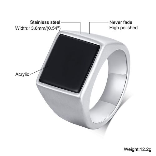 Ring for Men, Stainless Steel Square Signet Ring, Black Enam