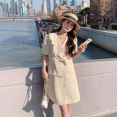 Bubble-Sleeve Ear-Edge Dress Womens Summer New Style Elegan