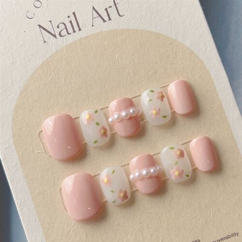 10Pcs Cute Handmade Press On Nails Full Cover Pearls Design