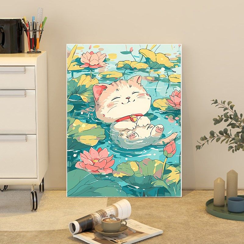 荷花猫咪数字油画diy202新款填充填色手工绘卡通丙烯画油彩画画,家居饰品,DIY/数字油画,淘宝优惠券,粉丝福利购,淘宝优惠卷