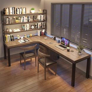 实木转角长书桌书架一体人家用L型拐弯电脑桌7字型办公桌子