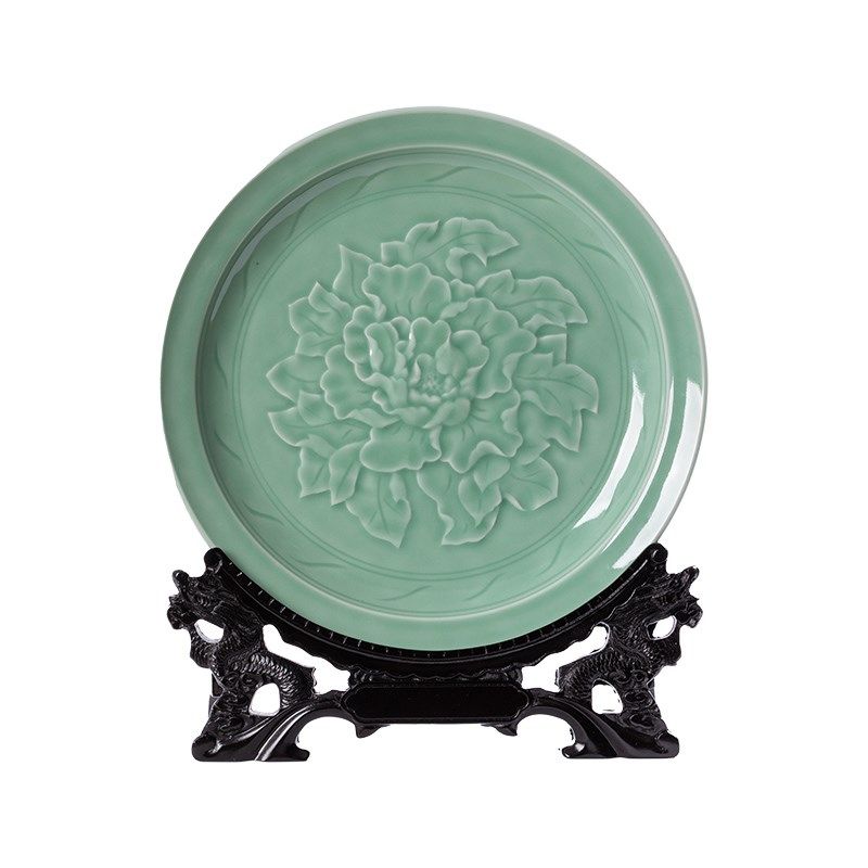 龙泉青瓷牡丹盘摆件家居饰品创意陶瓷家用办公室中式客厅装饰摆设,家居饰品,装饰摆件,淘宝优惠券,粉丝福利购,淘宝优惠卷