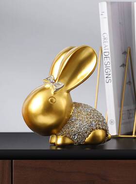 北欧创意可BS111070工爱萌趣对动物树脂艺摆件金色小兔子面客厅兔