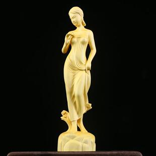 黄杨木雕花样年华长裙少女摆件 实木中式家居装饰人物美女工艺品