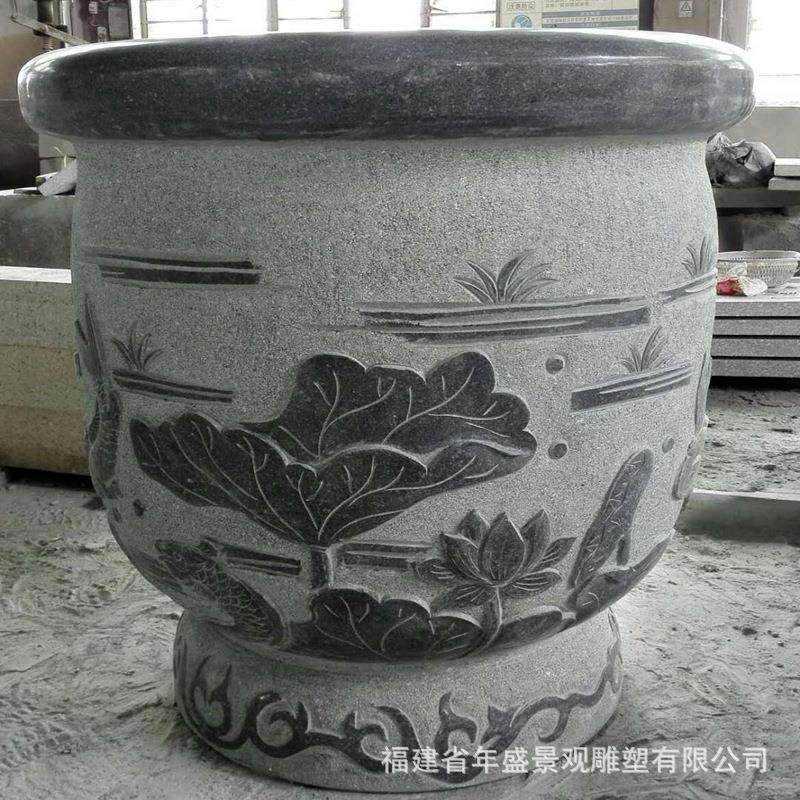 芝麻黑石材鱼缸 庭院景观雕塑植物睡莲水缸石雕花盆容器摆件