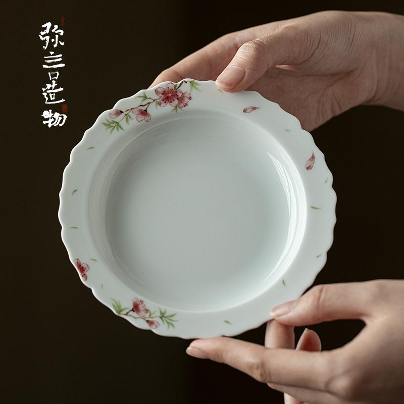 弥言手绘桃花陶瓷干泡台家用壶承茶具托盘花口干泡盘茶道配件简约