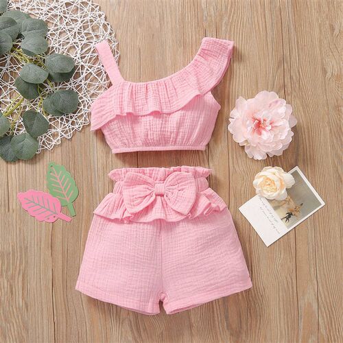 Summer Cute Baby Girls Clothes Sets One Shoulder Ruffles Top