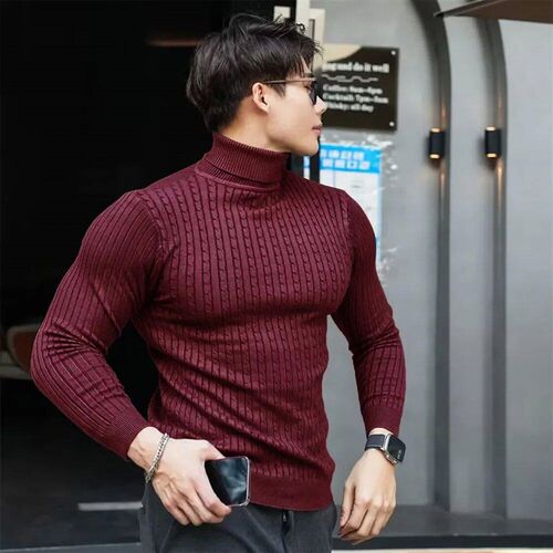 New Mens Turtleneck Sweaters Autumn Knitted Striped
