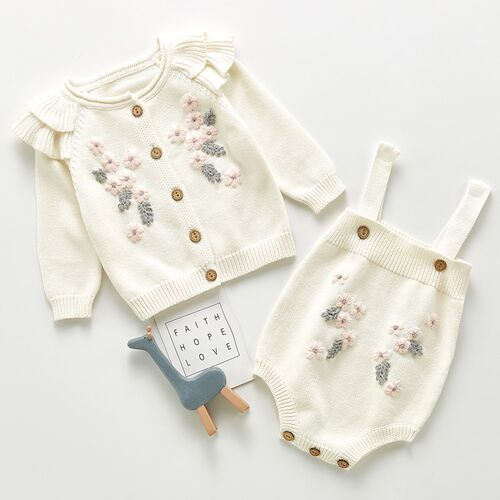 Children Baby Clohting Knit Set Autumn Embroidery Flowers Se