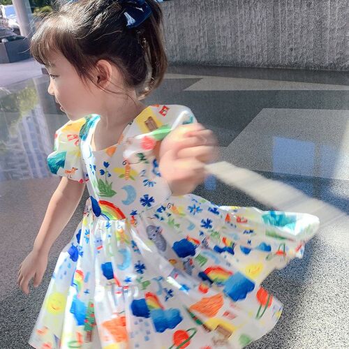 Summer Girls Dress 2023 New Puff Sleeve Casual Cartoon Part