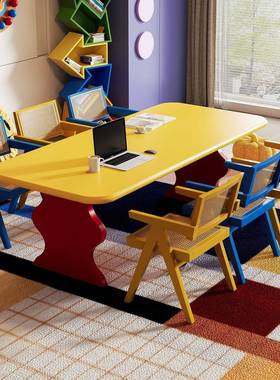 实菲木书桌孟斯用快乐桌彩色QL03256多巴胺双人学习桌家厅写客字