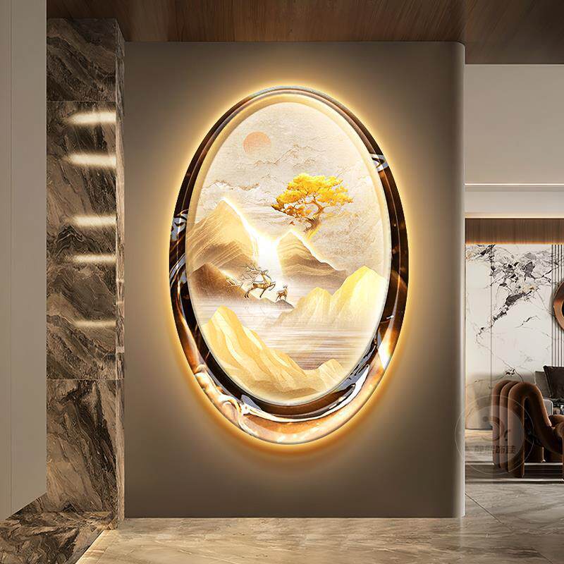 山水风景玄关装饰画轻奢金山走廊过道挂画高档入户椭圆形带灯壁画