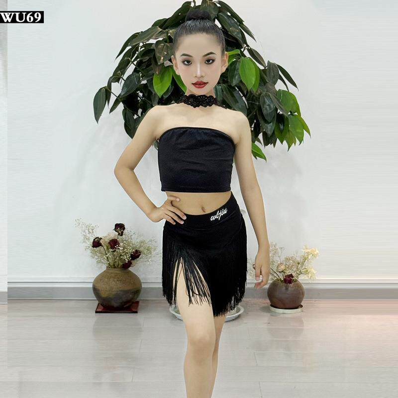 舞陆玖拉丁舞服女童新款挂脖抹胸流苏裙少儿拉丁舞练功表演服夏季