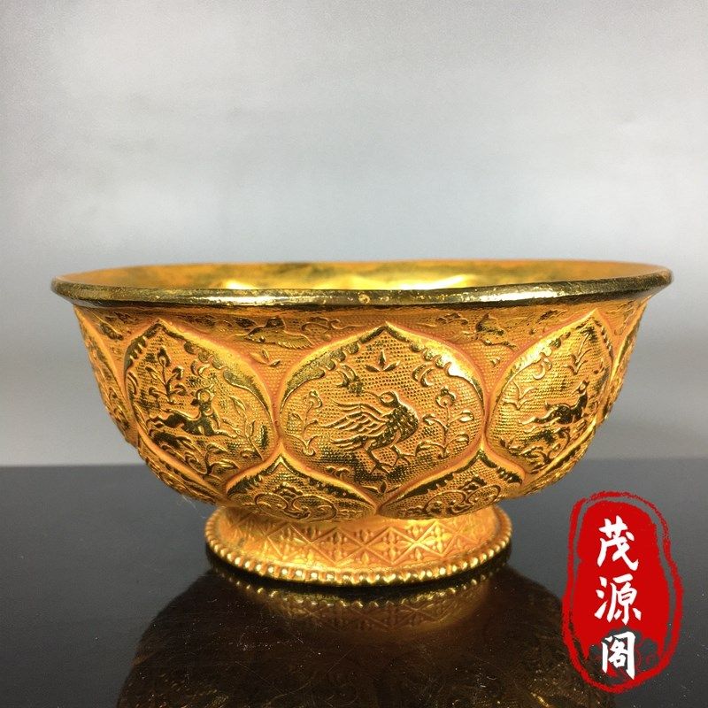 民间珍藏唐代金碗鎏金手工錾刻瑞兽鹿鸿雁鸳鸯碗招财纳福老物件