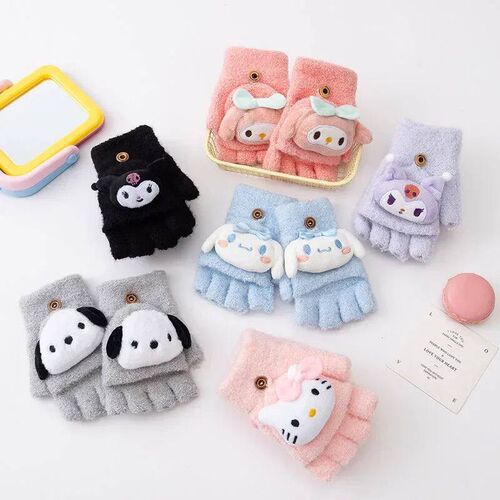 Winter Kids Knitted Flip Mittens Warm Half Finger Gloves for