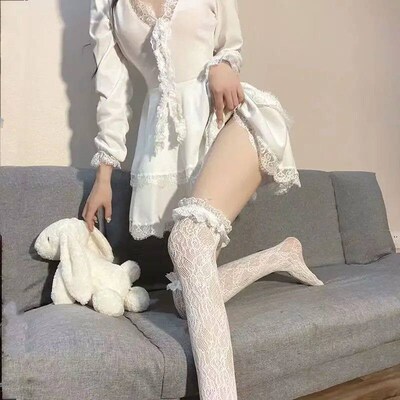 Women Sexy Lace Top Floral Rattan Fishnet Stockings Long Tub