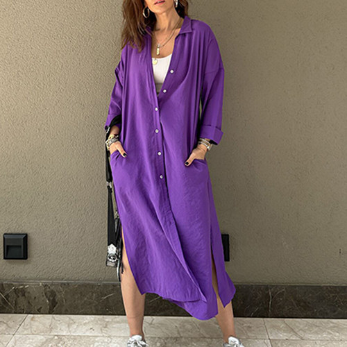 Women Casual Lapel Solid Color Maxi Dress Fashion Simple