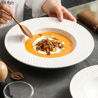 Relief Texture Ceramic Deep Plate Thick Soup Plate Salad