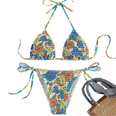 Embracing printed lace up triangle bikini split swimsuit