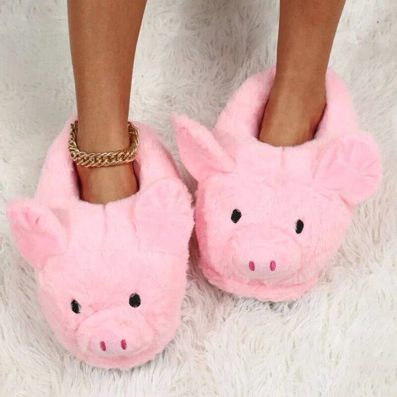 Cute Cartoon Pig Winter Warm Shoes Women Heel Cover Home