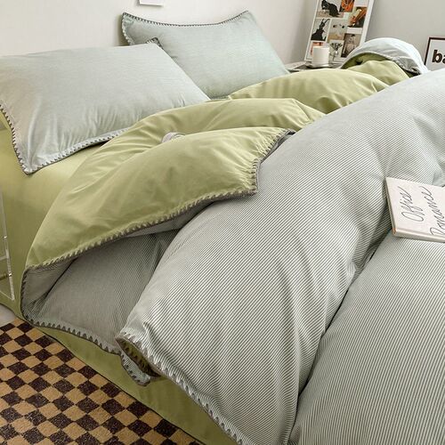 Ins Wind Double Stripe Wash Cotton Bed Four-piece Set Solid