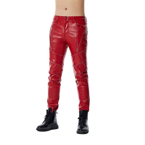 Mens Red Personalized Casual Punk Style Zipper Pu Spliced