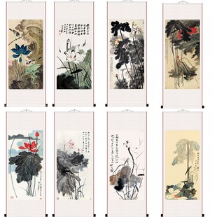 张大千水墨荷花国画名人办公室中式挂画家居装饰画客厅书房卷轴画