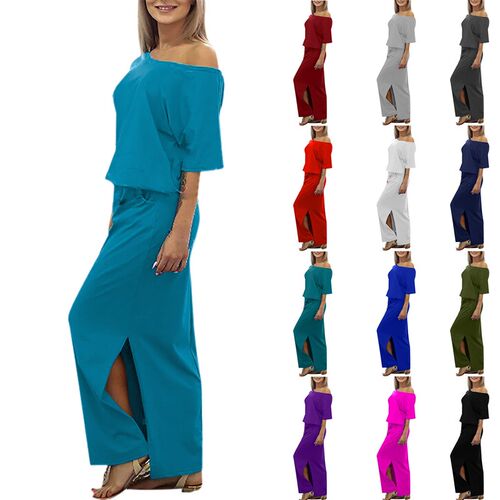 Elegant Off Shoulder Side Split Pocket Loose Dress Fashion