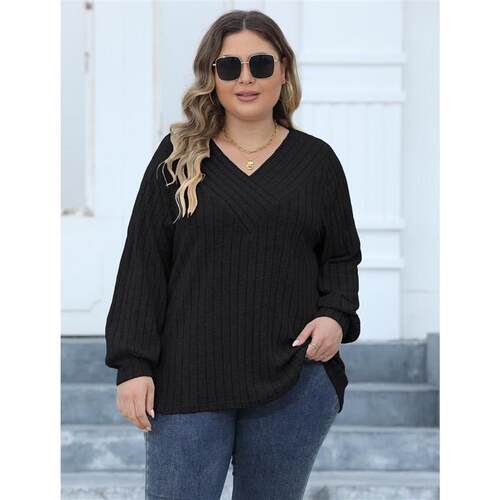 Large Size Womens Pit Striped V-neck Cross Base Shirt Long