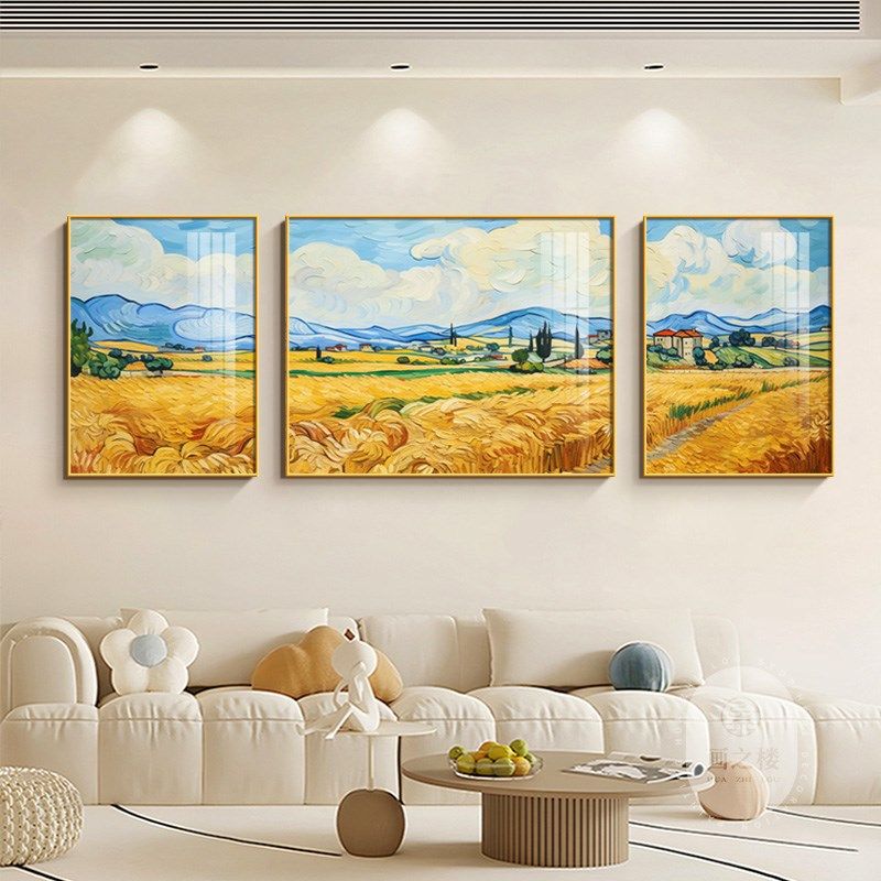 梵高麦田丰收客厅装饰画金黄麦穗沙发背景墙名画艺术油画三联挂画,家居饰品,现代装饰画,淘宝优惠券,粉丝福利购,淘宝优惠卷