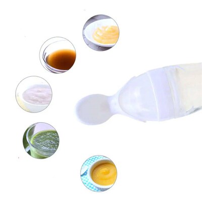 2-in-1 Baby Squeeze Bottle Spoon Toddler Rice Cereal Food Fe