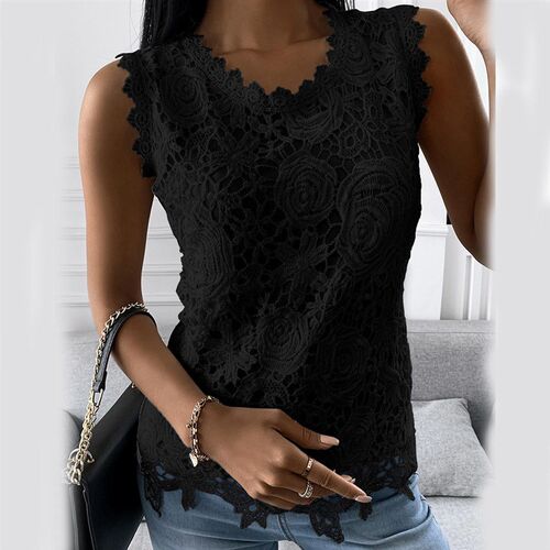 Womens Lace Round Neck Tank Vest Tops Ladies O-Neck