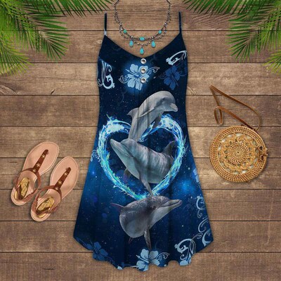 Womens Fashion Dress Dolphin Loves Summer Printed Party Dres