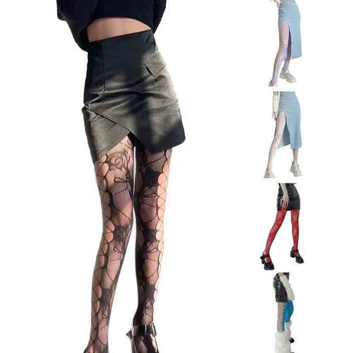 Women Punk Colorful Fishnet Pantyhose Side Crisscross Hole R