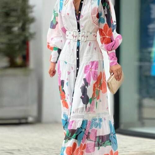 Elegant Pattern Print Long Sleeve Party Dress Spring Stand