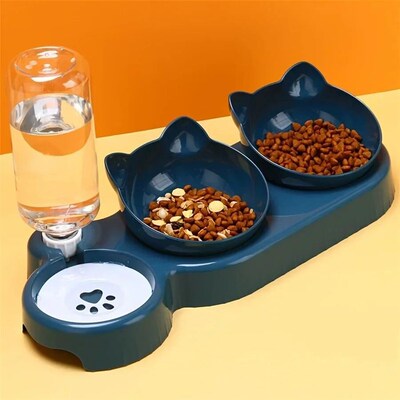 3 In 1 Ear Design Tilted Cat Water And Food Bowl Set Dog Pet