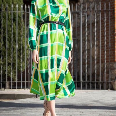 Spring High Neck 3/4 Sleeves Print Long Beach Dress Women Fa