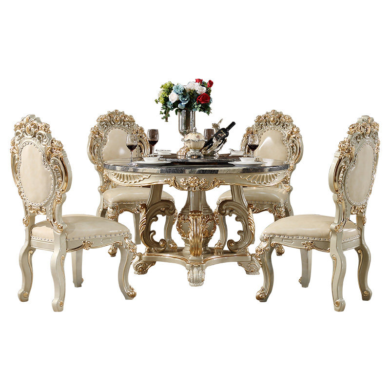欧式实木雕花餐桌高档大理石餐桌椅圆饭桌1.3 1.5米香槟金餐厅家,住宅家具,大理石餐桌,淘宝优惠券,粉丝福利购,淘宝优惠卷