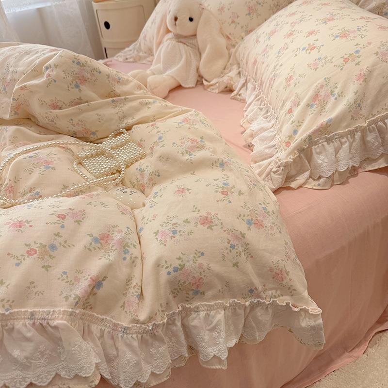 仙女款荷叶边全棉双层纱四件套公主风纯棉被套少女心床裙1.8m床品