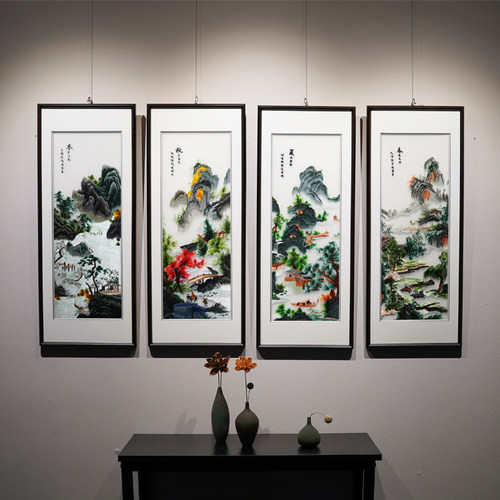 春夏秋冬四条屏客厅装饰画纯手工刺绣苏绣画沙发背景墙电视墙挂画